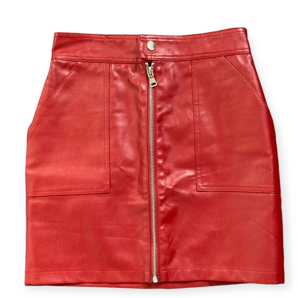 GCAROL Faux Leather Zip Front Mini Skirt Women’s Small Red